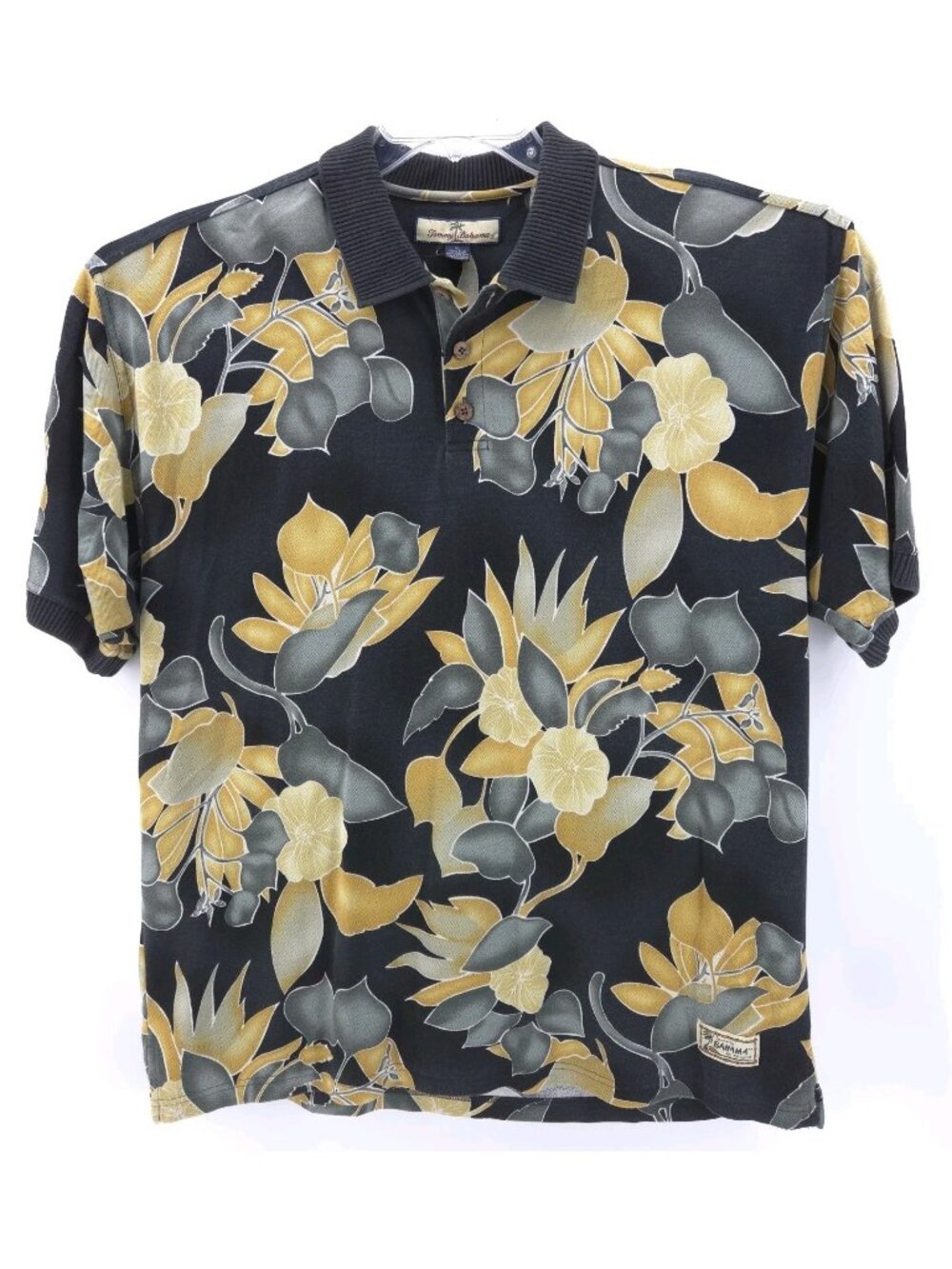 VTG 90's Tommy Bahama Silk Blend Hawaiian Polo Shirt Men's XL Black Yellow EUC